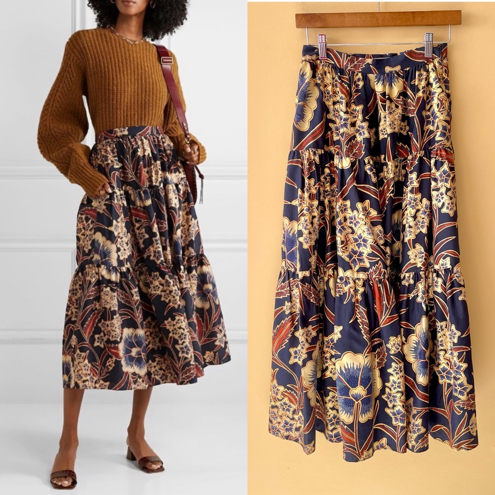 Ulla Johnson Navy and Gold Floral Midi Skirt